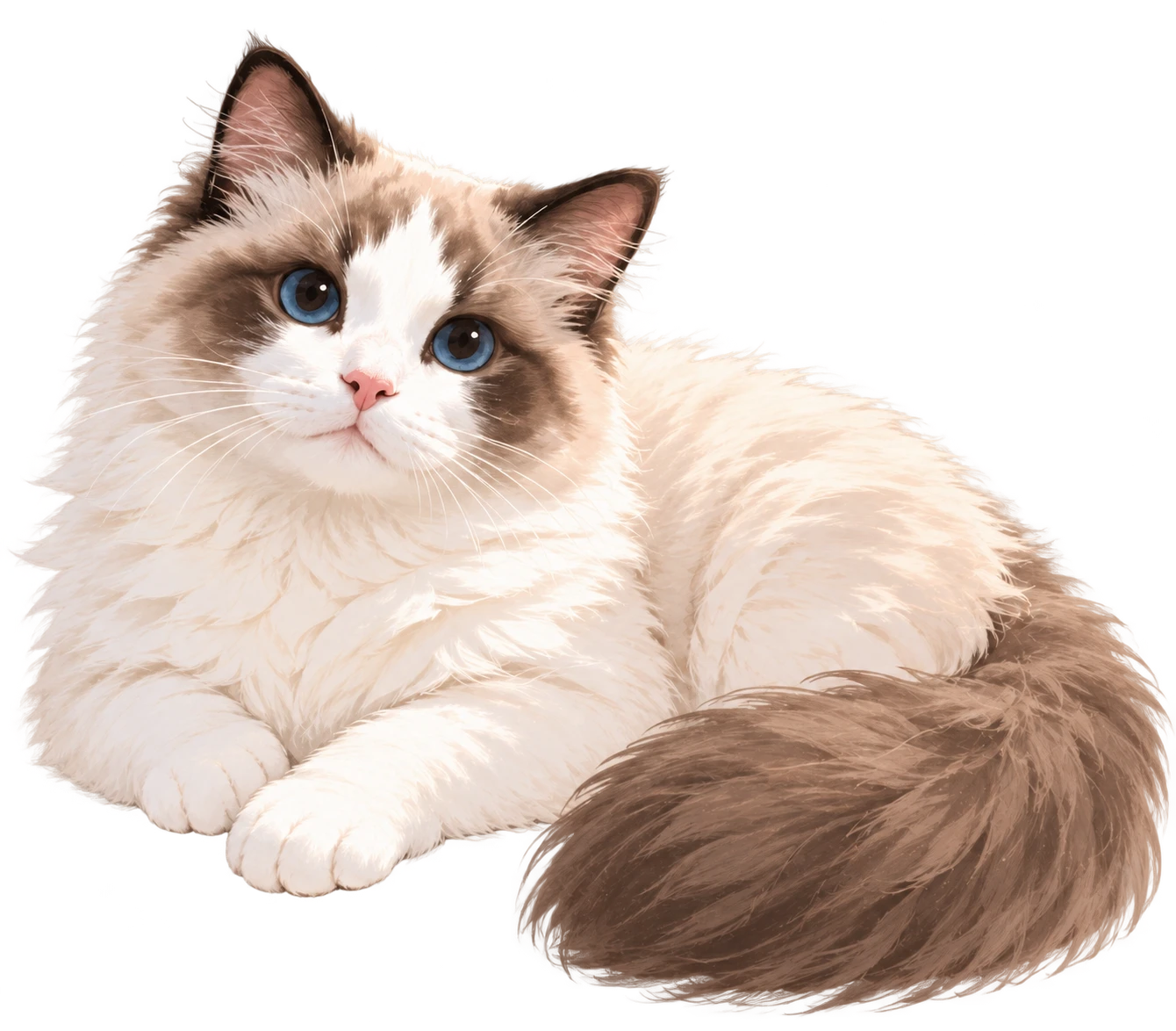 Fanqie, a fluffy blue-eyed ragdoll, resting in the sunlight with a big brown tail.
