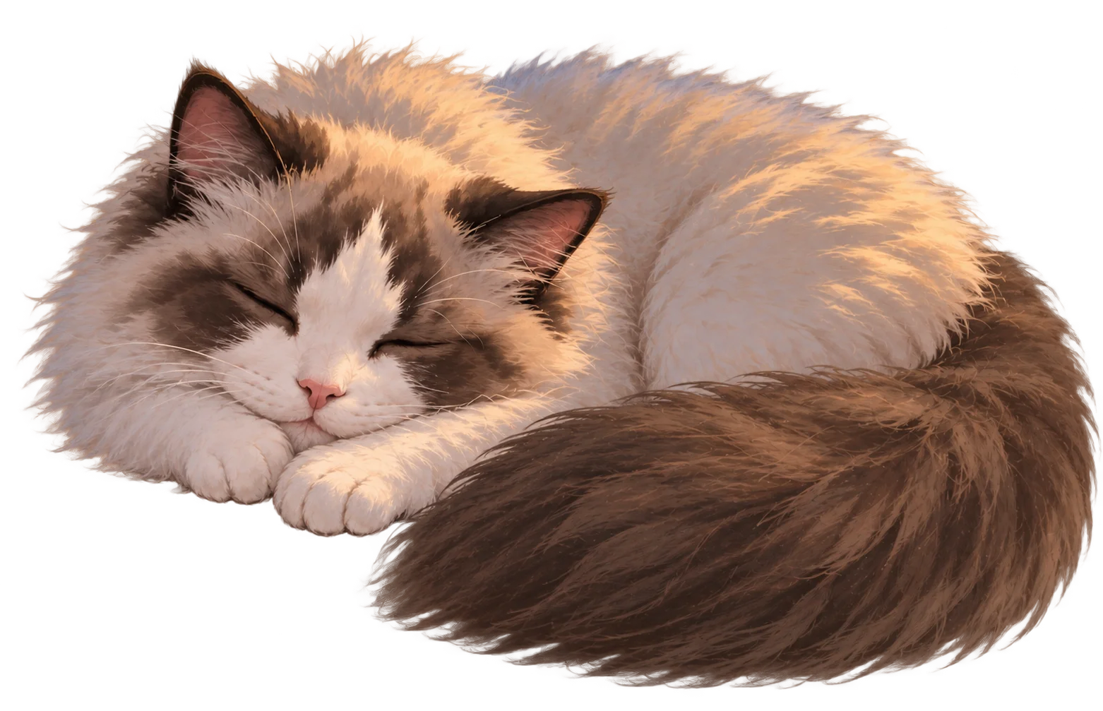 Fanqie sleeping with its head on its paws, wrapped in warm evening light.