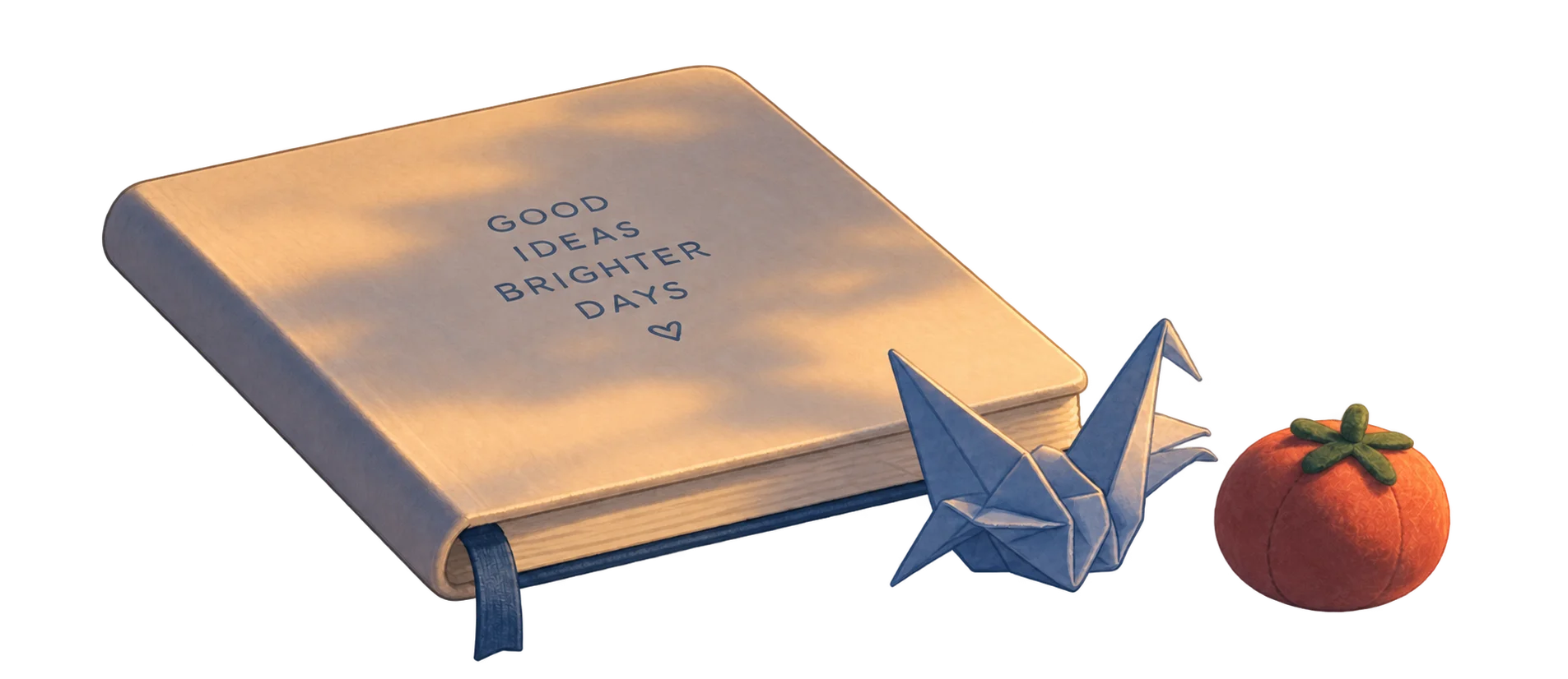 A notebook, paper crane and tomato toy in warm evening light.