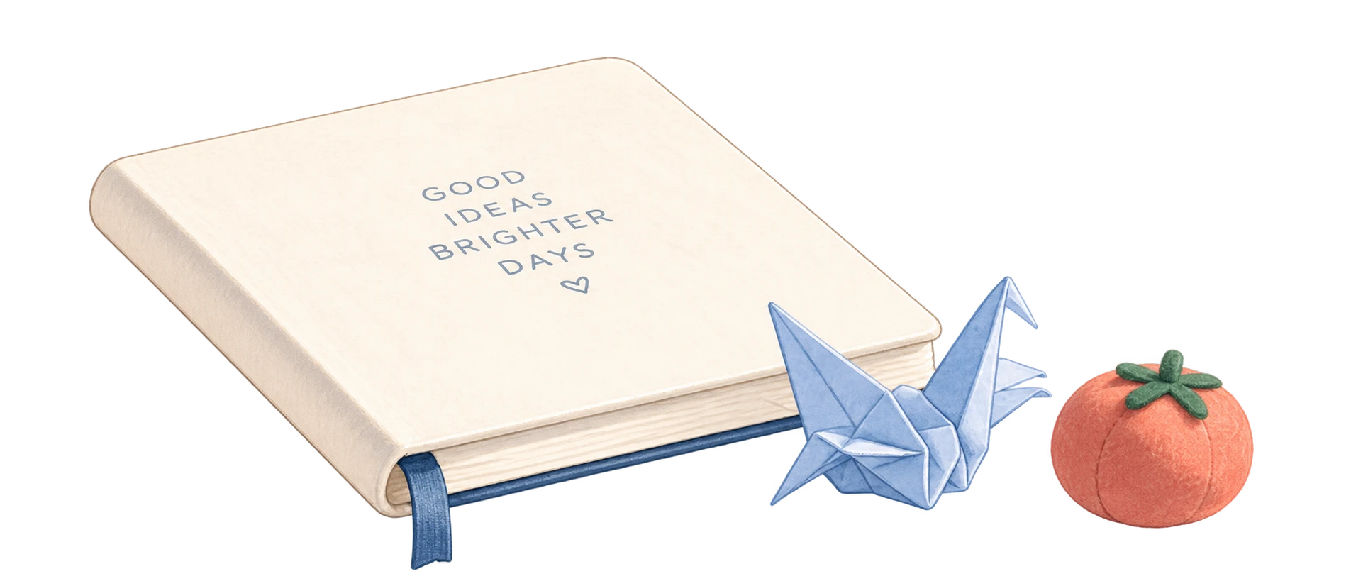 A cream notebook, a blue paper crane, and a little tomato toy on the windowsill.